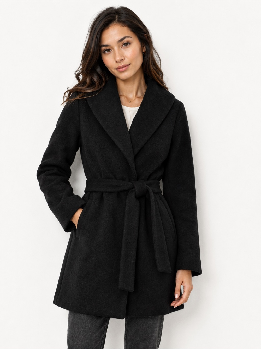 Calvin Klein Black Belted Wrap Coat – Size Large